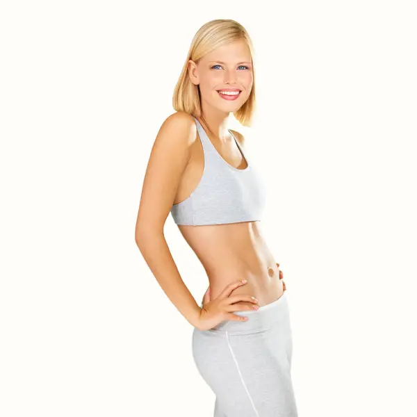 Happy Fitness Portret Van Een Vrouw Een Witte Achtergrond Voor — Stockfoto