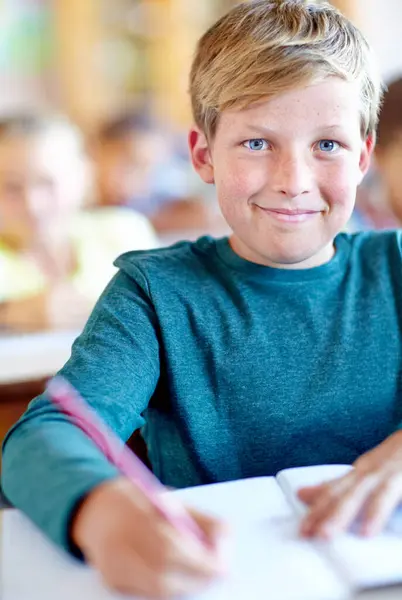 Student Portrait Writing Notes Learning Classroom Boy Problem Solving School — Stock Photo, Image