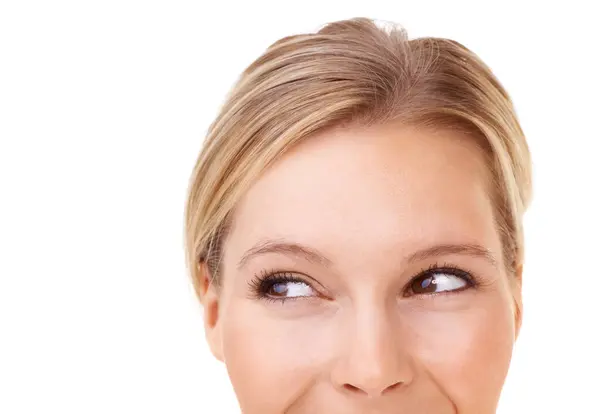 Woman Face Eyes While Thinking Idea White Background Mockup Closeup — Stock Photo, Image