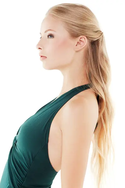 Profile Serious Model Studio Fashion Backdrop White Background Runway Woman — Stock Photo, Image