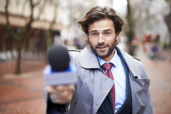 Microphone City Interview Man Reporting Live Streaming Broadcast Journalism Portrait — Stock Photo, Image
