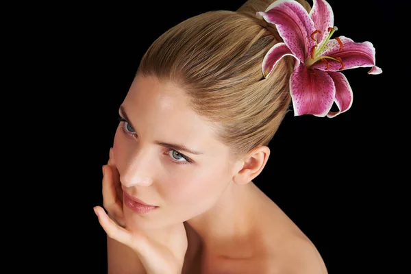 Hair Care Flower Woman Touch Skin Thinking Beauty Isolated Black — Stock Photo, Image