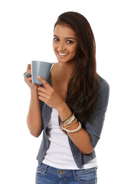 Frau Kaffee Trinkend Und Entspannt Studioporträt Tee Und Gemütlich Auf — Stockfoto