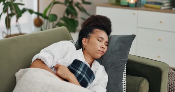 Stomach Pain Woman Sofa Pms Hot Water Bottle Endometriosis Her — Stock Video