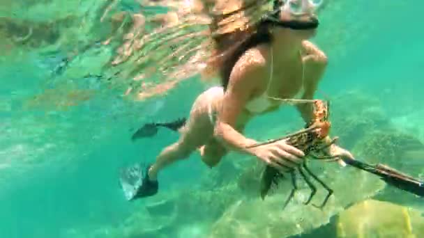 모험을위한 여성과 Spearfishing 스노클링 랍스터 물고기 휴가를위한 젊은이와 바다에서 하푼과 — 비디오