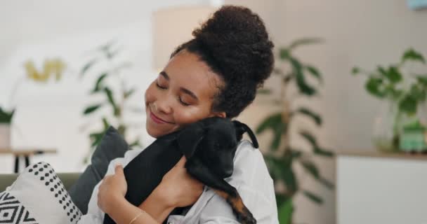 Kadın Evdeki Köpek Yavrusuna Evcil Hayvana Sarıl Mutluluk Huzur Hayvan — Stok video