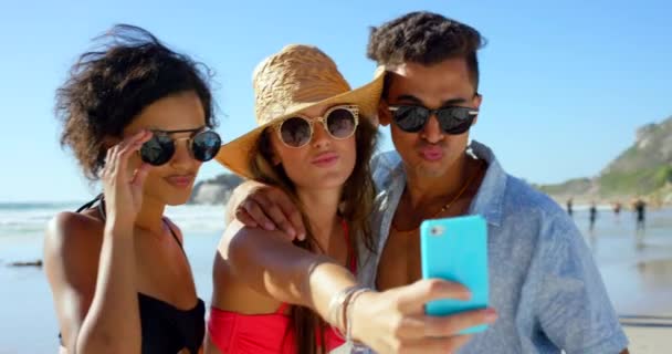 朋友们 人们在海滩上自娱自乐 为社交媒体的更新 形象图片和网上度假贴文做准备 带着太阳镜的男女老少们带着欢乐的太阳镜在海边度假 — 图库视频影像