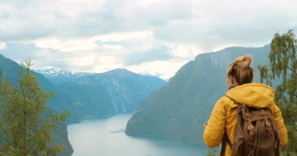 Mujer Turista Libertad Montaña Senderismo Vista Lago Noruego Con Mochila — Vídeos de Stock