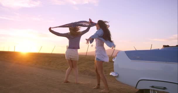 Pole Zachód Słońca Taniec Kobietami Przyjaciele Szczęście Radością Świętowanie Wycieczce — Wideo stockowe
