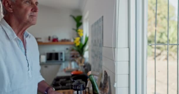 Persoon Kijk Venster Keuken Denken Aan Het Leven Mindfulness Pensioen — Stockvideo