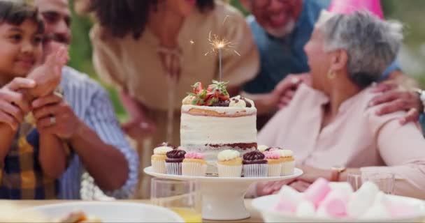 Bolo Aniversário Sparkler Festa Com Família Para Celebração Aplausos Surpresa — Vídeo de Stock