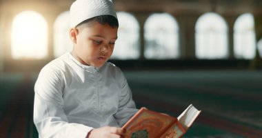 Islam, child in mosque reading Quran for learning, mindfulness and gratitude in faith with prayer. Worship, religion and Muslim student in holy temple praise with book, spiritual teaching and study clipart