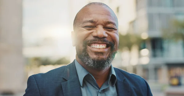 Face, business and laughing black man in city outdoor in the morning on lens flare. Portrait, happy and professional lawyer in town, attorney and funny employee working in South Africa for career.