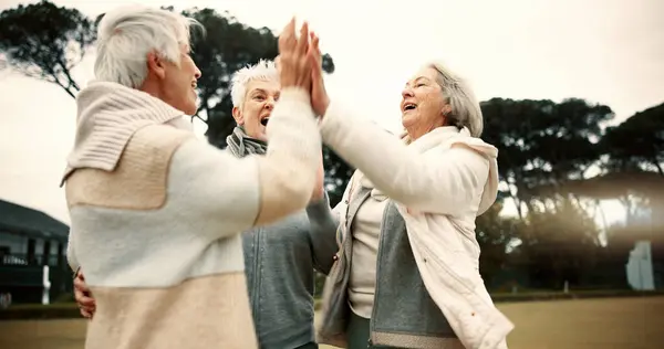 Lawn bowling, senior women and high five with sport motivation and celebration outdoor. Winner, elderly friends and female group with exercise, fitness and workout in a garden for wellness and health.