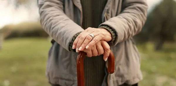 Senior cane, hands and person in nature for walking, relax and in a park for peace. Closeup, standing and an elderly woman in a garden or natural environment for wellness with a stick for support.