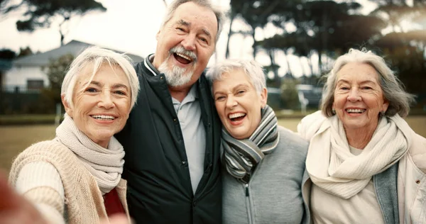 Senior Friends Group Selfie Park Smile Face Excited Together Hug — Stock Photo, Image