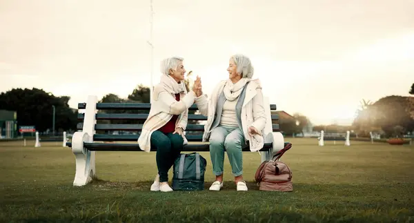 Relax, high five and friends with old women on park bench for freedom, support and health. Retirement, happiness and celebration with senior people walking in outdoors for wellness, peace and calm.