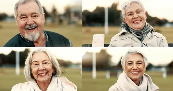 Collage, sports field and portrait of senior people faces as fans at a match and happy for competition and confident. Happiness, smile and positive elderly group laughing at outdoor on retirement.