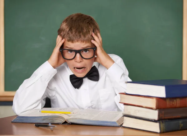 Boy Child Stress Portrait Books Classroom Anxiety Exam Assessment Studying — Stock Photo, Image