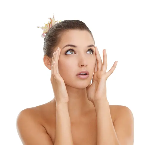 Skincare Thinking Hands Face Woman Studio Wellness Cosmetics Results White — Stock Photo, Image