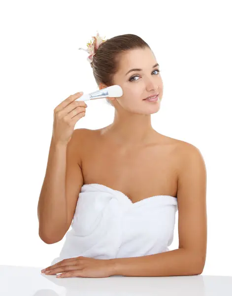 Cosmetics Studio Portrait Happy Woman Brush Foundation Application Skincare Routine — Stock Photo, Image