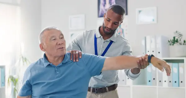 Old Man Physiotherapist Arm Stretching Training Mobility Retirement Rehabilitation Wellness — Stock Photo, Image