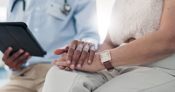 Holding Hands Doctor Patient Tablet Comfort Results Cancer Empathy Kindness — Stock Photo, Image