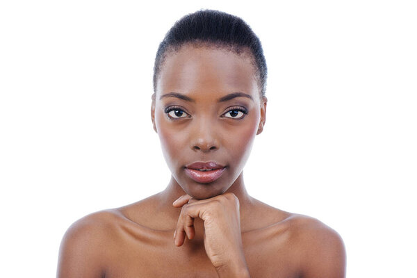 Black woman, face and skin for natural beauty, dermatology and skincare with glow and wellness on white background. Portrait, African model and cosmetic care, facial with shine and clean in a studio.
