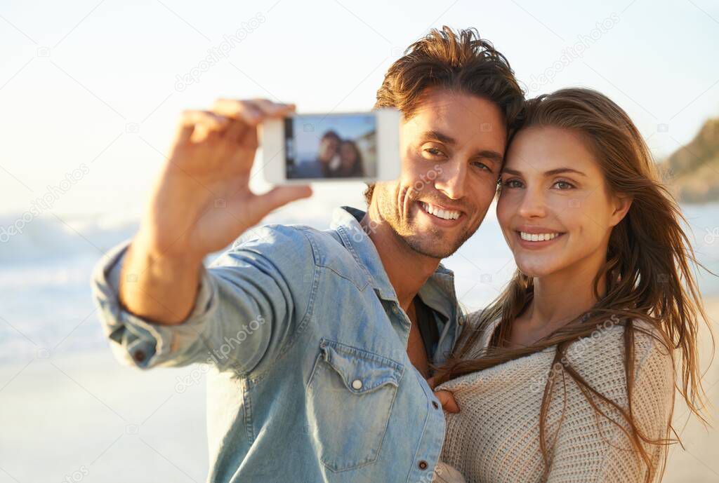 Couple, selfie and hug with smile at beach for memory on vacation with care, love and bonding in summer. Man, woman and tropical holiday with photography, profile picture and post on social network.