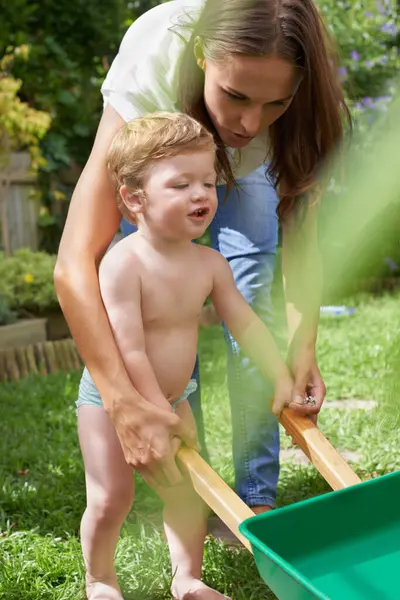 Mother Boy Toddler Wheelbarrow Garden Nature Grass Playing Fun Summer — Stock Photo, Image