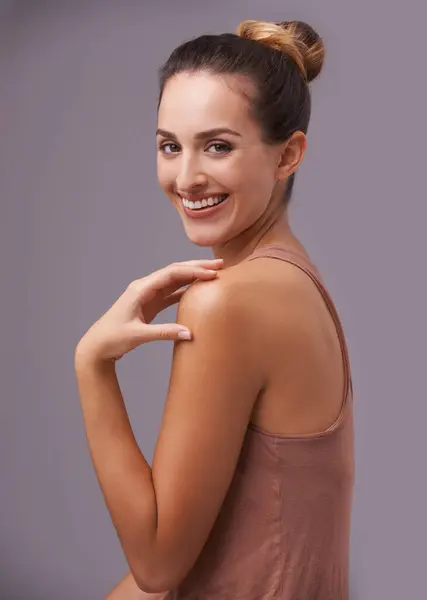 Skincare Smile Portrait Woman Studio Health Wellness Dermatology Routine Beauty — Stock Photo, Image