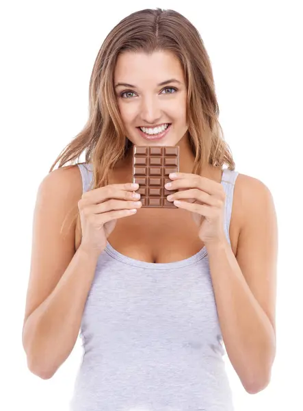 Woman Eating Chocolate Portrait Candy Face Pleasure Craving Sugar White — Stock Photo, Image