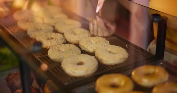 Customer Choice Buy Donuts Bakery Closeup Hands Select Danish Glass — Stock Video