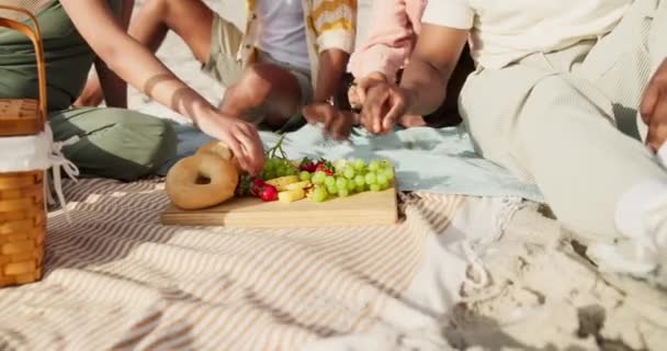 Руки Пляж Пікнік Друзями Їжа Розслабляється Під Час Язку Турботою — стокове відео