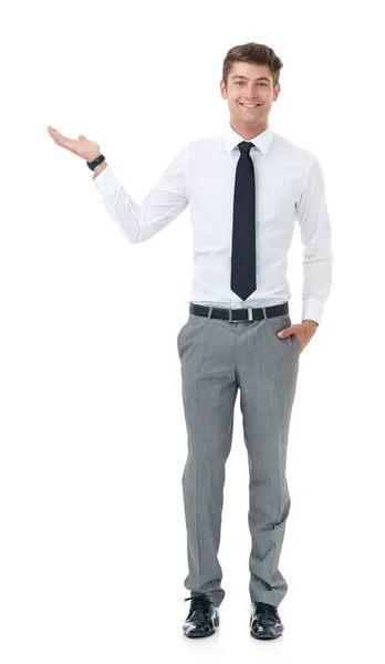 Ritratto Affari Uomo Con Presentazione Mostrando Dipendente Isolato Sfondo Bianco — Foto Stock
