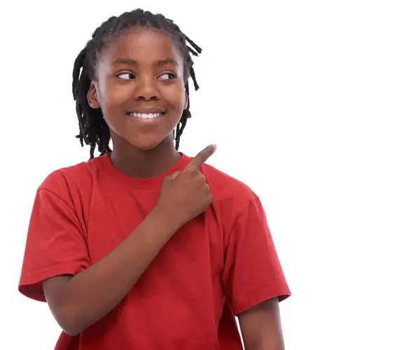 African Child Studio Pointing Promotion Smile Gesture Mockup Black Kid — Stock Photo, Image