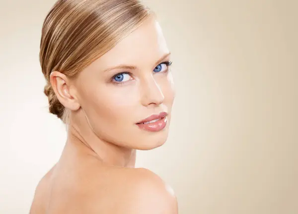 Beauty Skincare Portrait Woman Studio Mockup Confidence Natural Makeup Facial — Stock Photo, Image
