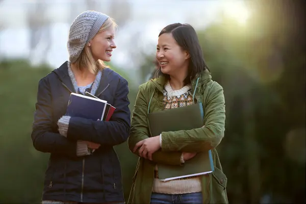 University, books and conversation with woman friends outdoor on campus together for learning or development. College, education or school with young student and best friend talking at recess break.