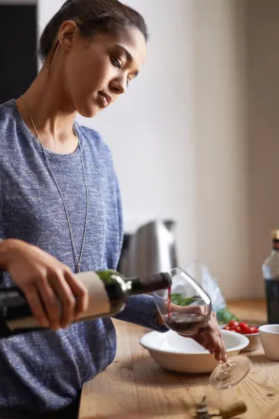 Woman Pouring Red Wine Home Dinner Relax Peace Leisure Drink — Stock Photo, Image