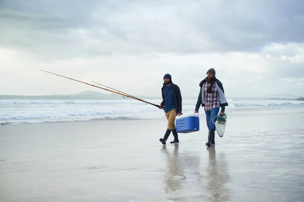 Winter Fishing Men Walking Beach Together Cooler Tackle Box Holiday — Stock Photo, Image