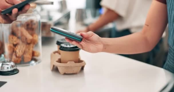 Manos Máquina Pos Pago Teléfono Celular Para Café Transacción Línea — Vídeo de stock