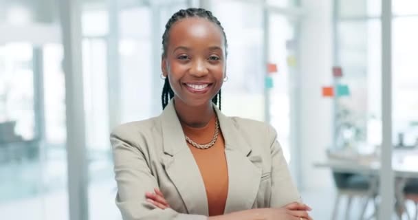 Επιχειρήσεις Πρόσωπο Και Μαύρη Γυναίκα Σταυρωμένα Χέρια Χαμόγελο Για Δουλειά — Αρχείο Βίντεο