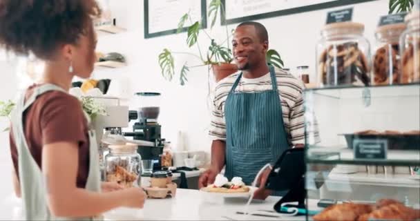 Kassiererin Café Frühstück Und Kundenservice Schalter Mit Dankeschön Pos Tablet — Stockvideo
