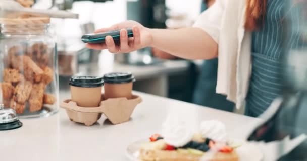 Cafe Hands Phone Payment Machine Customer Technology Meal Coffee Shop — Stock Video