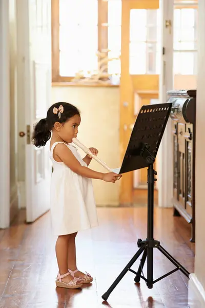 Flute Girl Child Playing Home Learning Education Reading Music Sheet — Stock Photo, Image