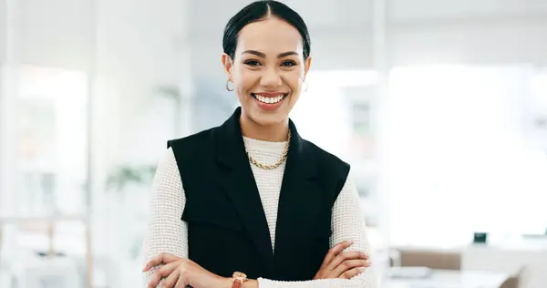 Happy, Accountant and portrait of business woman in an finance agency, startup or company office with growth. Development, laughing and young employee confident as a corporate manager at workplace.