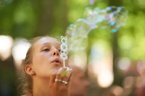 Woman Play Bubbles Outdoors Blurred Background Face Creative Freedom Happiness — Stock Photo, Image