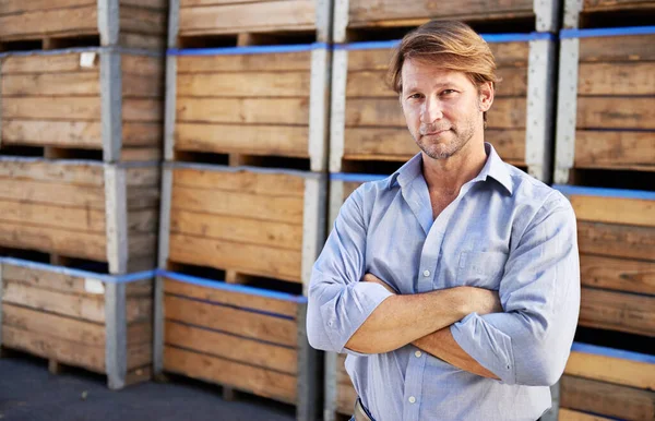 Portrait Business Man Arms Crossed Warehouse Shipping Distribution Storage Face — Stock Photo, Image