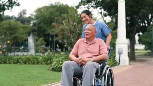 Wheelchair Nature Nurse Walking Old Man Park Garden Wellness Morning — Stock Video