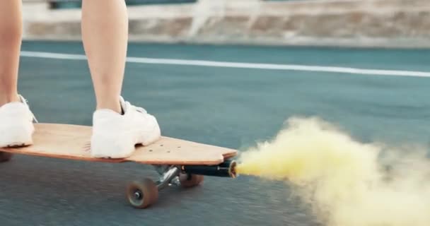 Skateboard Flare Smoke Urban Road Person Feet Freedom Balance Warning — Stock Video